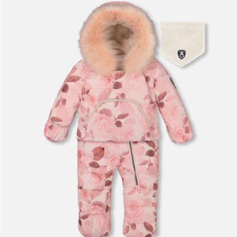 Pink Floral Snowsuit with Faux-Fur Hood